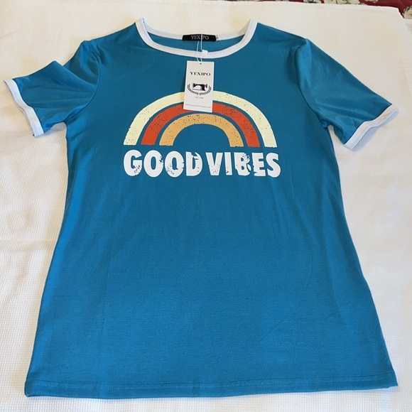 Yexipo Woman’s Graphic Tee Shorts Sleeves Good Vibes size Small Blue - Picture 5 of 12